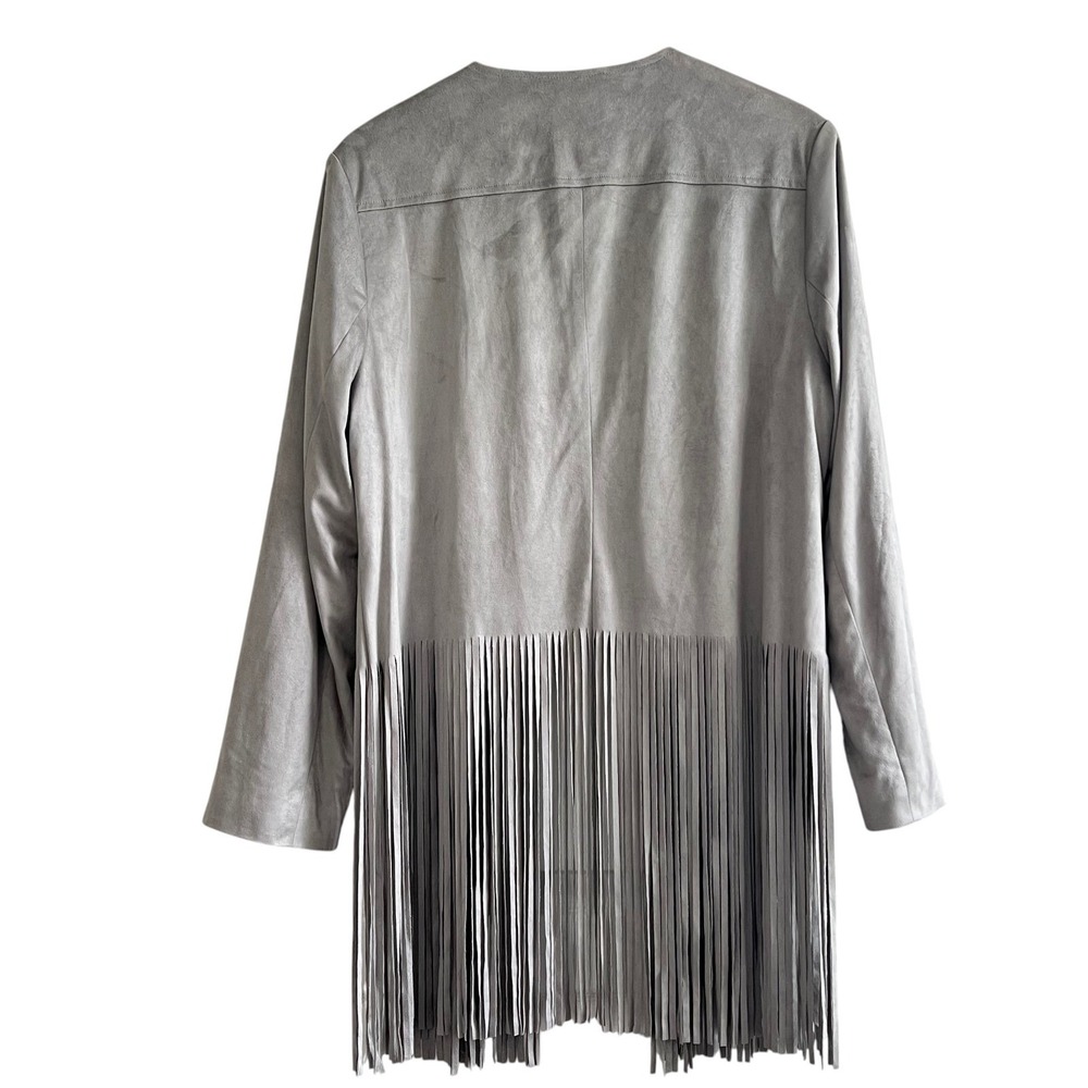 Chico's Size 2 Gray Faux Suede Fringe Jacket Open Front Western Boho Career - Picture 4 of 8